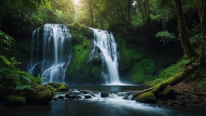 refreshing scene of a waterfall hidden in a lush forest.