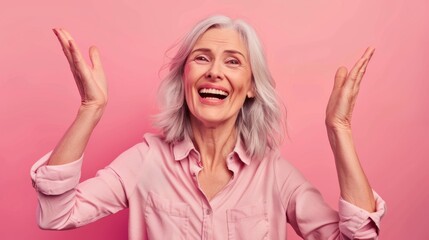 A woman with grey hair and a pink shirt