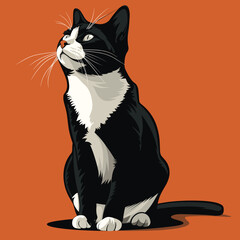 Black white tuxedo cat looking up, orange background, feline attentive posture. Detailed fur texture, glossy coat, elegant cat sitting, whiskers prominent, digital art. Curious domestic cat, sharp