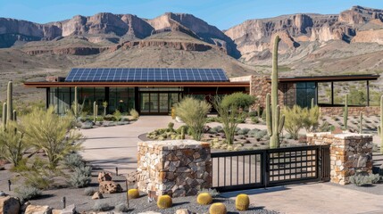 Obraz premium a modern house with solar panels on the roof, complemented by an attractive decorative stone wall fence and a brown metal gate, under the sunny sky.