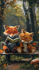 Two stuffed animals sitting on a bench reading a book