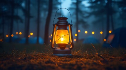 A lantern is lit in the woods, creating a warm and cozy atmosphere