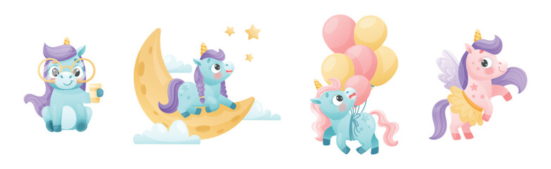 Cute Unicorn with Twisted Horn and Mane Engaged in Different Activity Vector Set