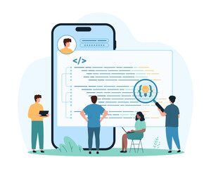 Development of software and mobile applications online, coding analysis on web platform. Tiny people research program code in window on phone screen with magnifying glass cartoon vector illustration