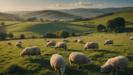 Obraz premium serene countryside landscape dotted with grazing sheep and rolling hills.