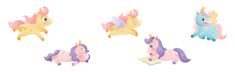 Cute Unicorn with Twisted Horn and Mane Engaged in Different Activity Vector Set