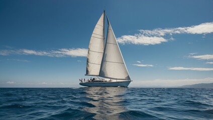 Obraz premium serene sailboat gliding across a calm, azure ocean under a cloudless sky.