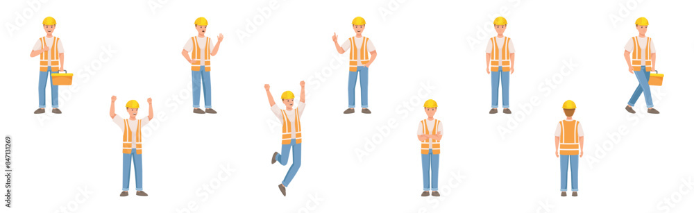 Poster man builder character in hard hat and vest in different pose and gesture vector set