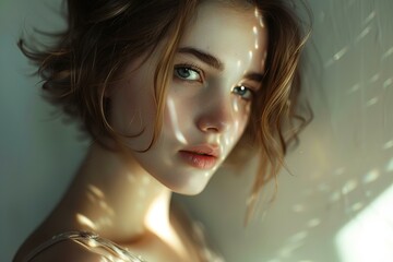 Naklejka premium Portrait of charming young woman with trendy hairstyle and natural makeup illuminated by bright sunlight