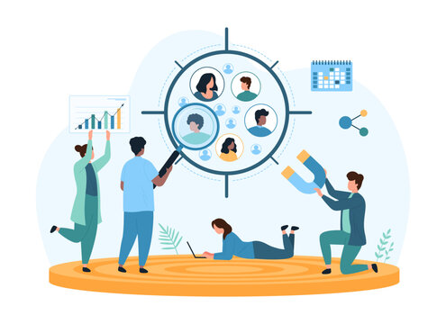 Sociology research, focus group of customers analysis. Tiny sociologists study group of people inside crosshairs with magnifying glass, attract new audience with magnet cartoon vector illustration
