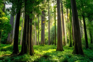 Obraz premium Experience peaceful tranquility in a lush woodland with towering trees and vibrant undergrowth