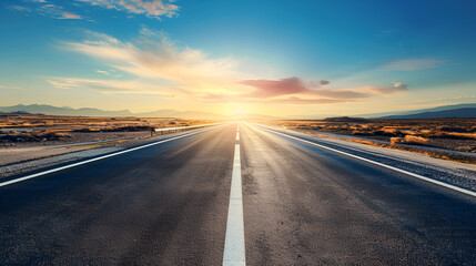 Naklejka premium Sunset over the highway. Straight empty road 