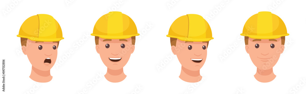 Poster man builder character head in yellow hard hat and face expression vector set