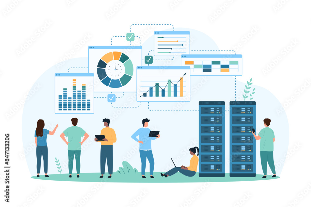 Poster big data research process, ai technology for analytics. tiny people work with digital information in