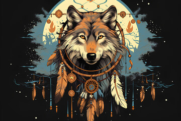 Mystical t-shirt designs depict wolves with dream catchers, feathers, and other elements of Native American symbolism,