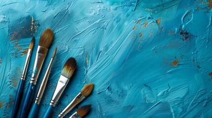 Fototapeta premium Artist's Paintbrushes on blue textured grunge backgrounds