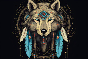 Mystical t-shirt designs depict wolves with dream catchers, feathers, and other elements of Native American symbolism,