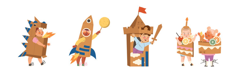 Happy Children in Homemade Cardboard Costume Playing and Having Fun Vector Set