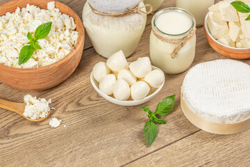 dairy products milk, cottage cheese, yogurt, sour cream and butter on wooden table