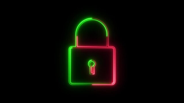 Abstract neon shine lock icon animation with black background.