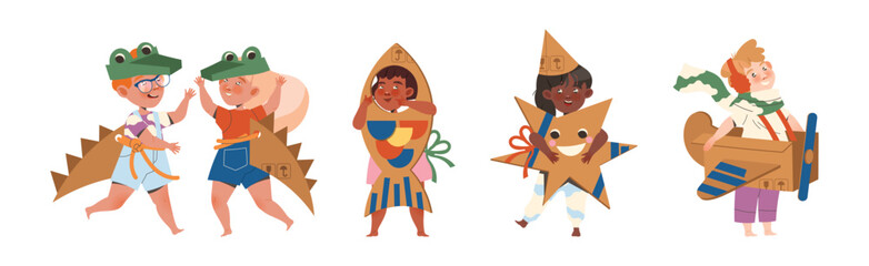 Happy Children in Homemade Cardboard Costume Playing and Having Fun Vector Set