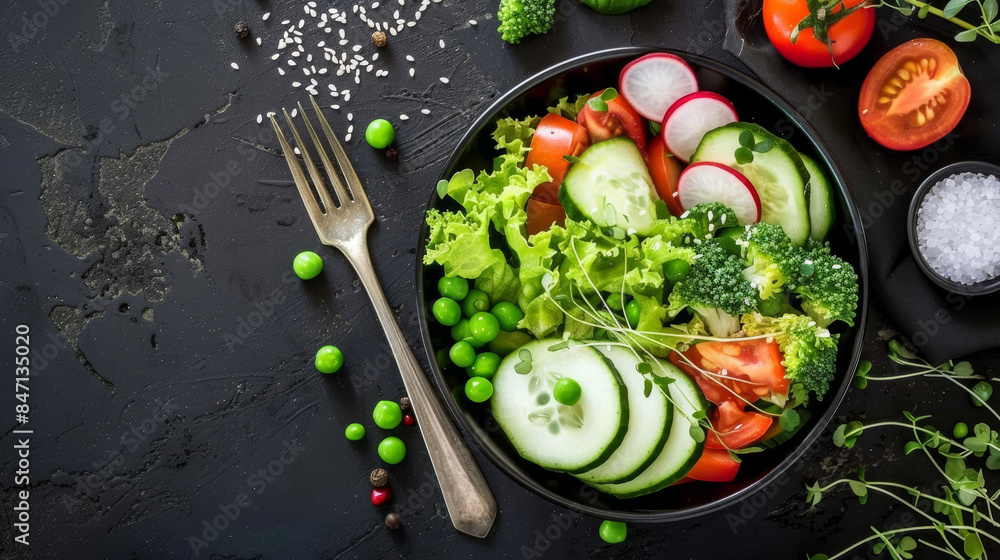 Wall mural fresh vegetable salad with cucumbers tomatoes radishes greens and a fork on a black background