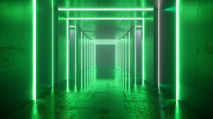 Empty green neon corridor, virtual reality environment