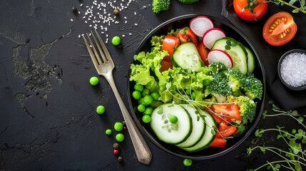 fresh vegetable salad with cucumbers tomatoes radishes greens and a fork on a black background