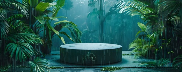 Striking pop-art mockup with a central podium surrounded by lush greenery and rain