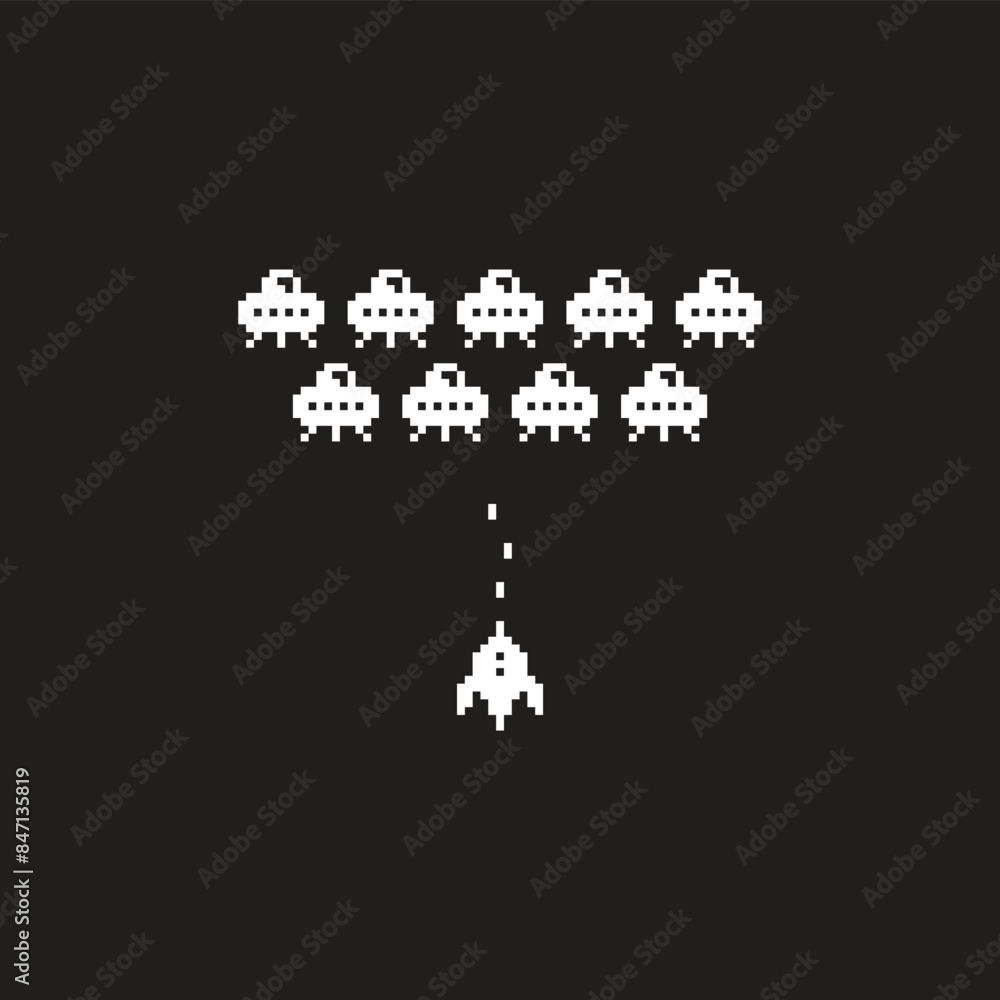 Poster pixel ufo spaceship vector icon pixel element for 8 bit space arcade game
