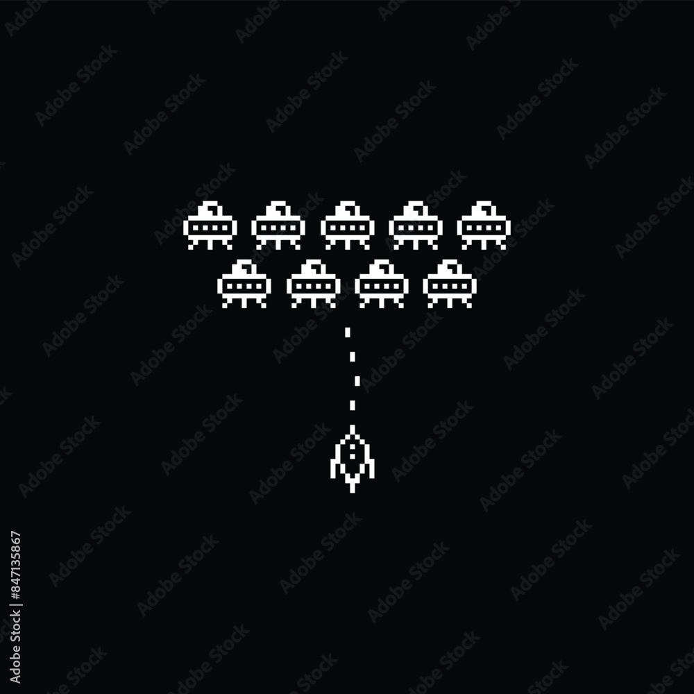 Poster pixel ufo spaceship vector icon pixel element for 8 bit space arcade game