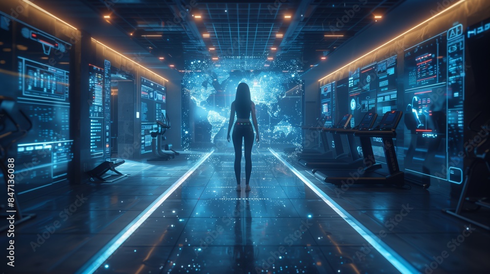 Poster a woman stands on a holographic platform in a modern gym, surrounded by screens displaying data and 
