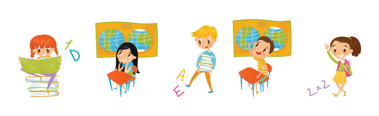 Cute School Boy and Girl Learn Lesson Vector Set