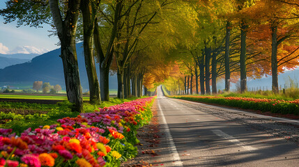 Naklejka premium Road lined with trees and fields of colorful flowers