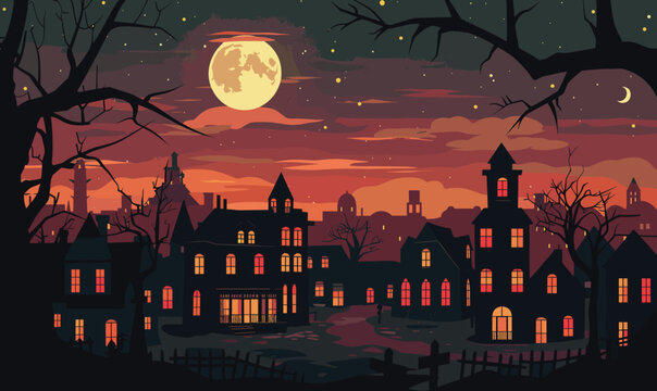 Halloween village under full moon glow, eerie night landscape, haunted houses lit up. Spooky town scene, dark silhouettes, twilight orange sky, creepy Halloween theme illustration. Trees framing