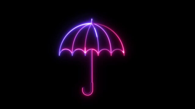 Neon shine  umbrella icon animation ,A umbrella icon typically features a simple, stylized umbrella with a curved handle. The canopy is often depicted open.