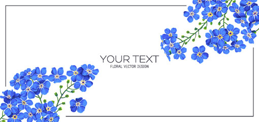 Spring banner with blue forget-me-not flowers. Realistic hand drawn detailed elements on white background, place for text. Banner for social networks, outdoor and online advertising.