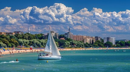 a sailing yacht cruising on the Black Sea against the backdrop of a city beach, modern buildings, a blue sky, and white clouds.