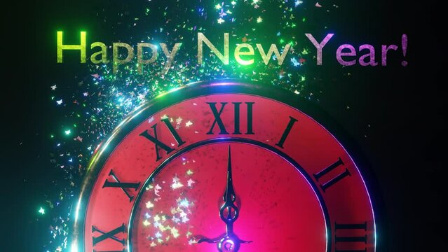 New Year background with countdown to midnight, decorative glowing clock with glitter and text Happy New Year. 4K video animation 3D rendering.