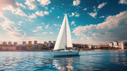 a sailing yacht cruising on the Black Sea against the backdrop of a city beach, modern buildings, a blue sky, and white clouds.