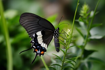 Fototapeta premium Black winged butterfly with white patches perched on green plant in natural setting