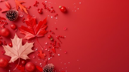 Canada Day celebration card with minimal design, a red maple leaf, and red and white decorations