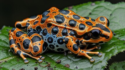 Fototapeta premium Colorful frog perched gracefully on lush green leaf in vibrant display of nature