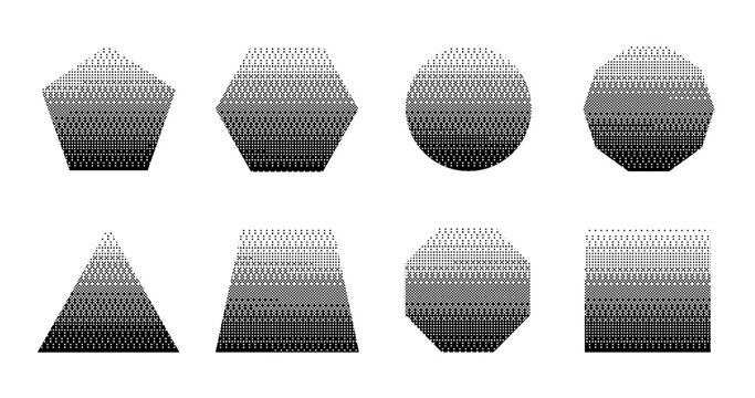 Bitmap set of retro vector symbols Y2K aesthetic design elements for poster, banner, collage. Geometric shapes in a pixel style.Octagon, triangle, trapezoid, pentagon, hexagon, square, circle, decagon