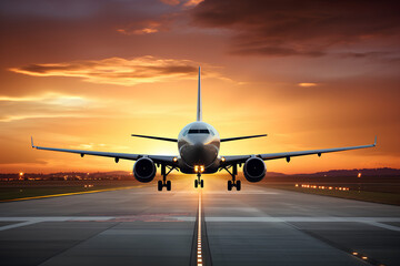 passenger jet plane flying over airport runway against beautiful dusky sky use for aircraft transport and cargo logistic and traveling business industry