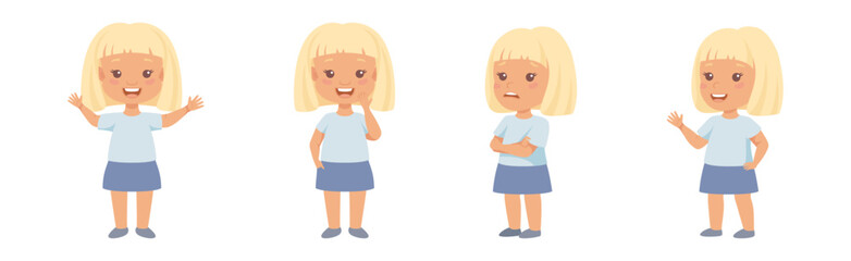 Little Blond Girl with Short Hair Having Different Face Emotion and Gesture Vector Set