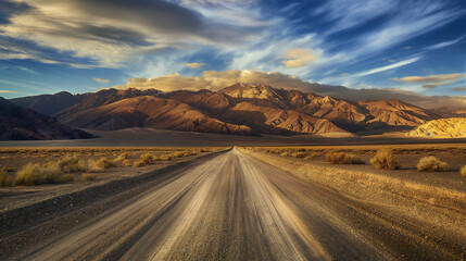 A scenic route through a desert with dramatic mountains and a vivid sunset overhead