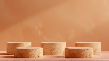 Five Minimalist Light Orange Toned Round Podiums for Product Presentation on Empty Background. Ideal for E-commerce and Advertising Displays, Showcasing Minimalist Style and Elegance