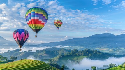 Obraz premium colorful hot air balloons soaring over lush green rice fields in mountainous terrain, set against a backdrop of a blue sky adorned with fluffy clouds, symbolizing adventure and travel.