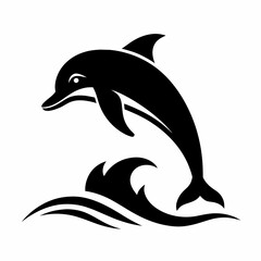 Dolphin over a wave engraving vector silhouette an white background